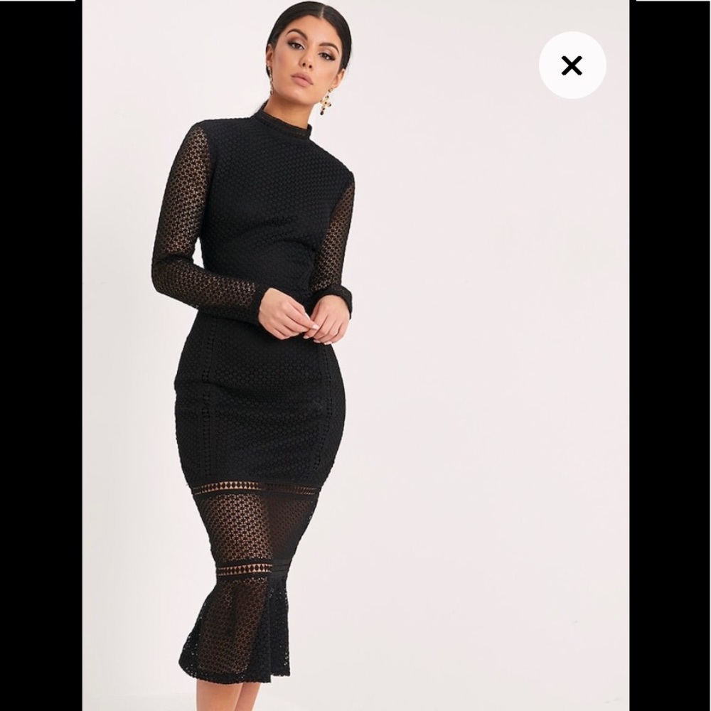 Black crochet lace dress midi open back NWOT